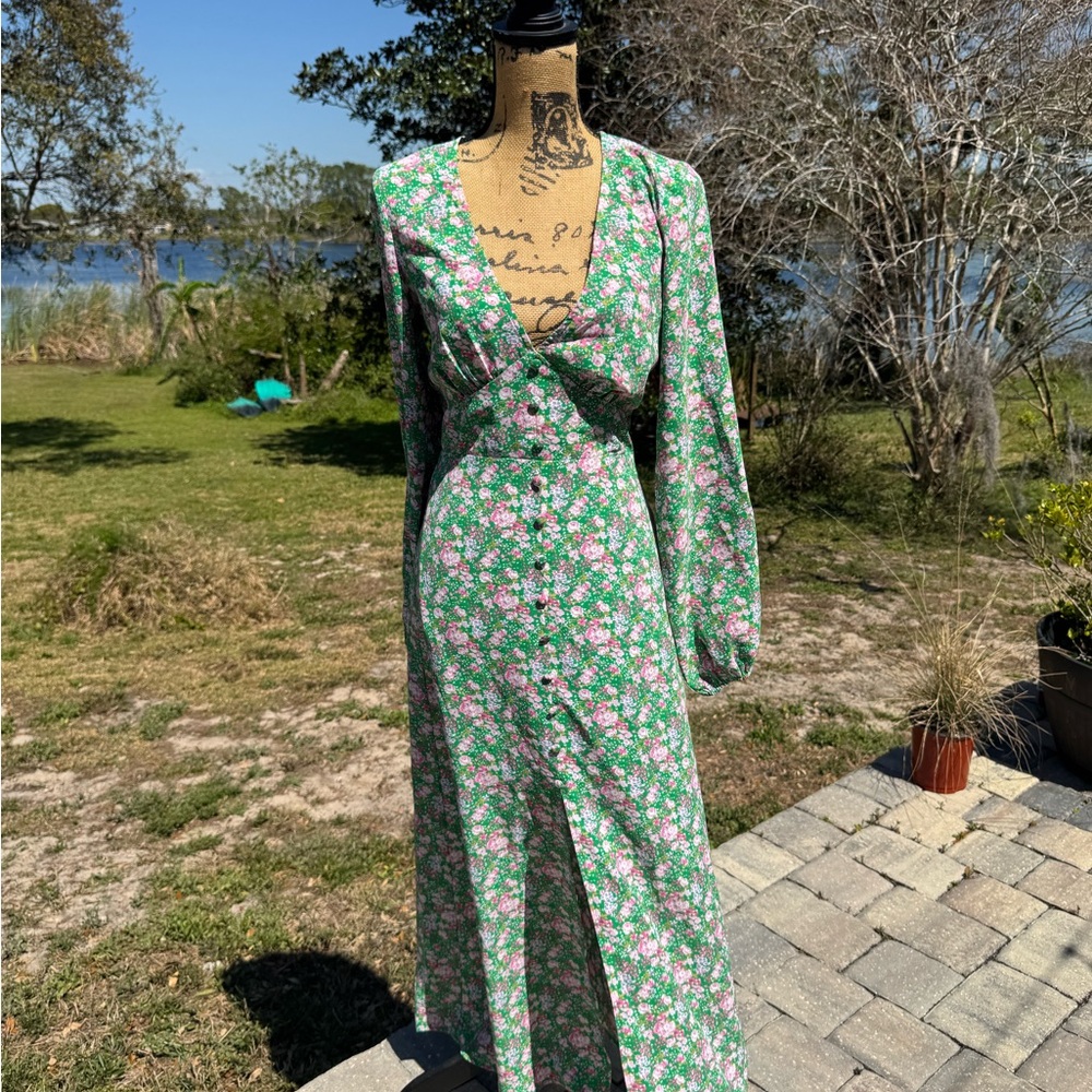 ACOA Green Pink Plunge Neck Bishop Sleeve Dress Floral Long Sleeve Size S